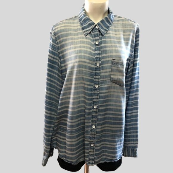 Life In Progress Faded Vintage Striped Denim Look Button Up Shirt Med - Picture 1 of 7